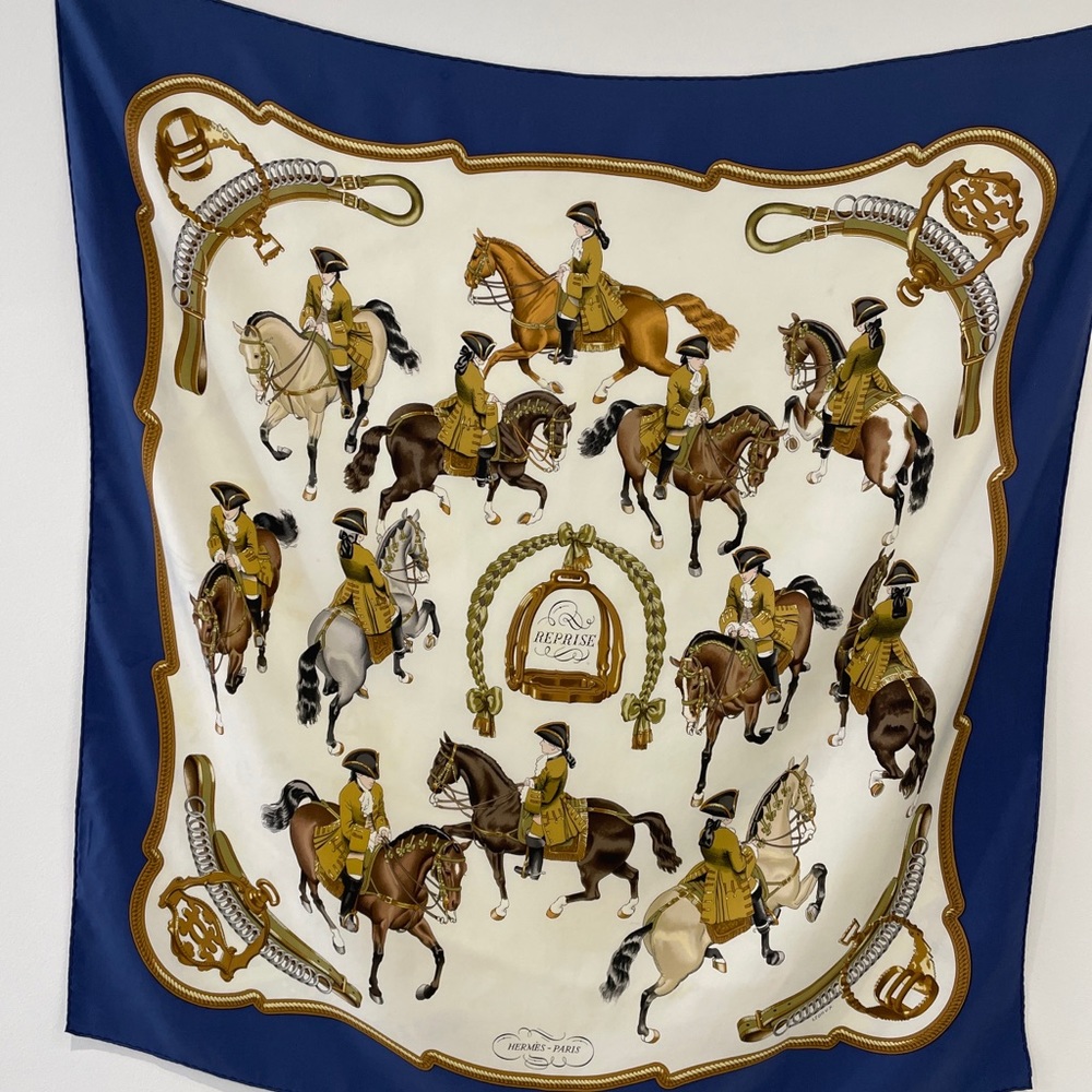 Hermes Silk Scarf “Reprise” blue& ivory “